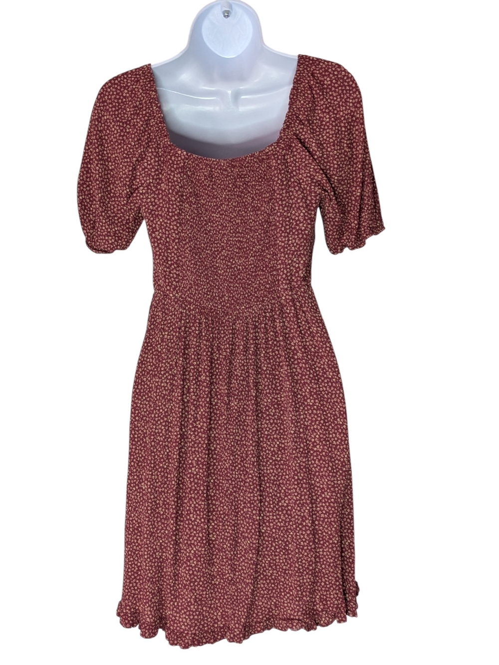 Puff Sleeve Square Neck Midi Dress in Dusty Rose With Cream Floral Pattern - Picture 2 of 6